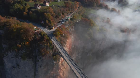 Aerial Video of the Magnificent Djurdjevica Bridge Over the Tara River Canyon in the Northern Part