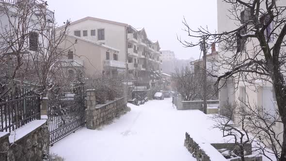 Snowfall on the Street of the Town of Budva Montenegro