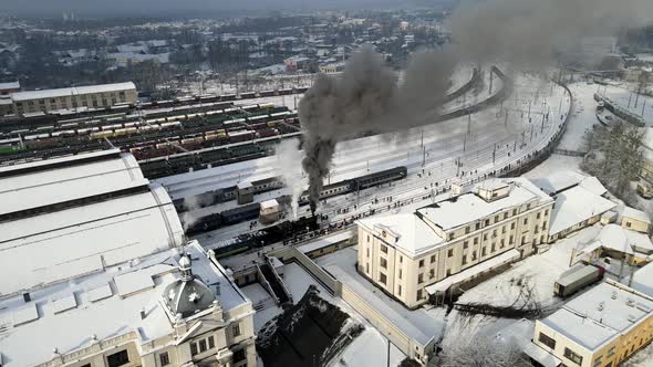 Aerial View of Old Retro Train Steam Locomotive at Lviv Railway Station