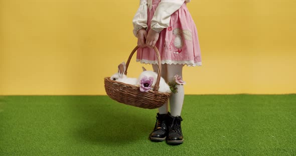Little Girl in a Pink Dress Holds a Basket with a Rabbit in Hand on Green Grass