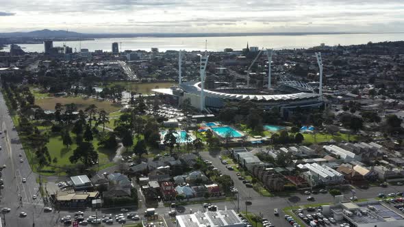 AERIAL Orbital Of Regional City Of Geelong, Australia Along Corio Bay