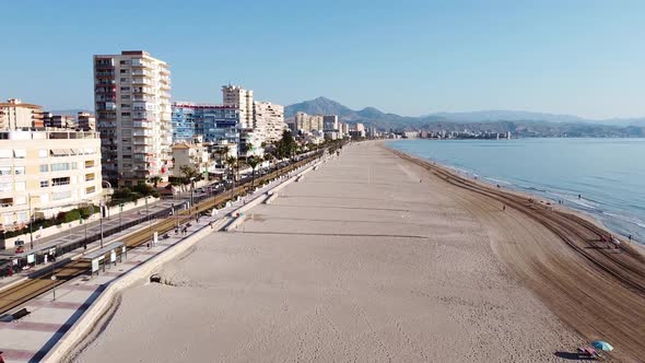 Aerial view of an urban beach in the mediterranean. Playa de Muchavista, El Campello, Spain.