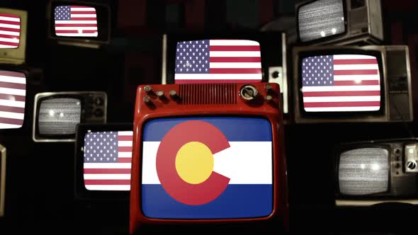 Flag of Colorado and US Flags on Retro TVs.
