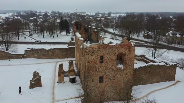 Ruins of Ancient Livonian Order's Stone Medieval Castle Latvia Aerial Drone Top Shot 