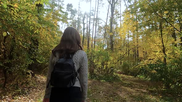 The Girl Walks Through the Autumn Forest