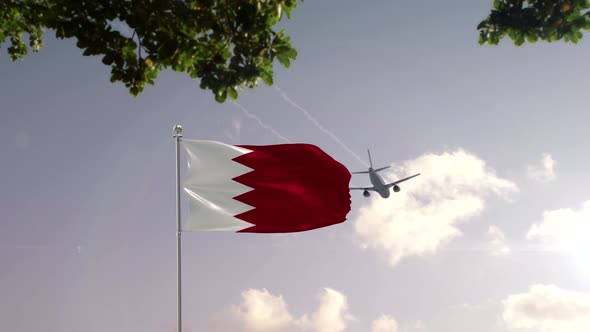 Bahrain Flag With Airplane And City -3D rendering