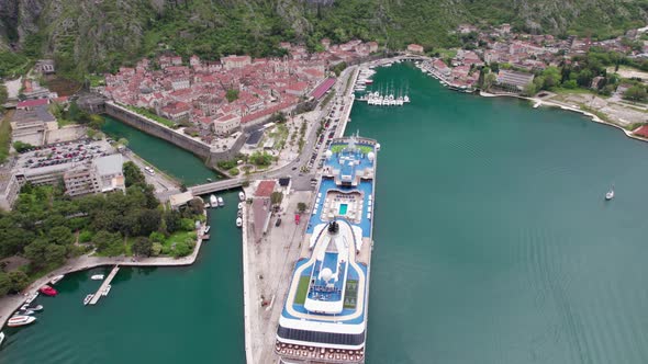 Montenegro Kotor Old Town and Cruise Liner Aerial Photography