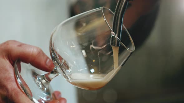 Barman Pouring Foamy Beer in Glass Closeup