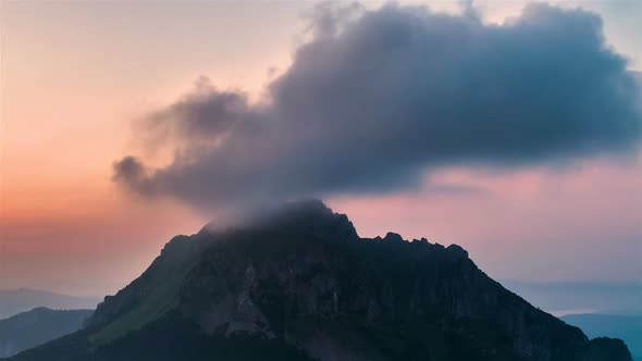 Colorful Sky Clouds Over Alpine Mountains Peak in Summer Morning Nature
