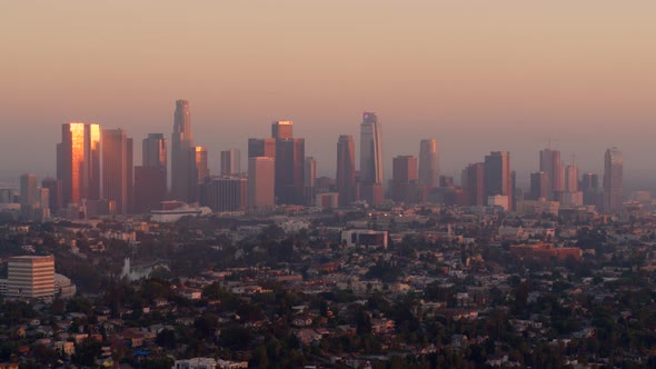 Aerial of cityscape and skyline at sunset