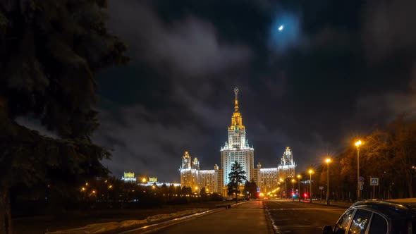 The Main Building of Moscow State University, Evening Time Lapse. Beautiful Evening Cityscape