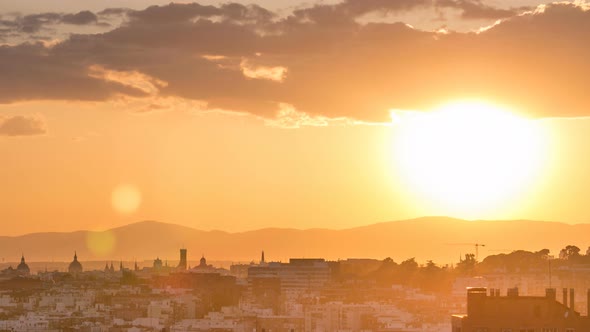 Sunset Over the City Timelapse View of Madrid Spain