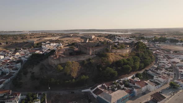 Aerial drone panorama of Moorish Castle in Castro Marim, Portugal