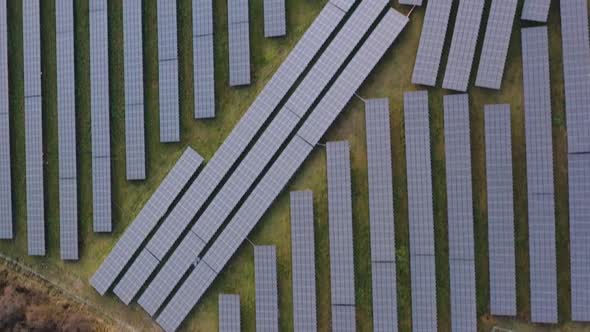 Birdseye Aerial View of Huge Solar Panels Array, Sustainable and Alternative Energy Concept, Top Dow