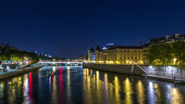 Cite Island View with Conciergerie Castle and Pont Au Change Over the Seine River Timelapse