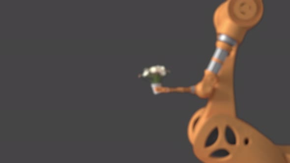 An orange robot holds a pot with a flower