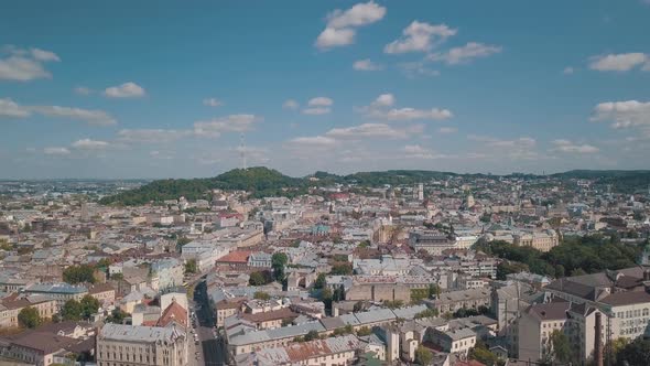 Aerial City Lviv, Ukraine. European City. Central Part of Old European City