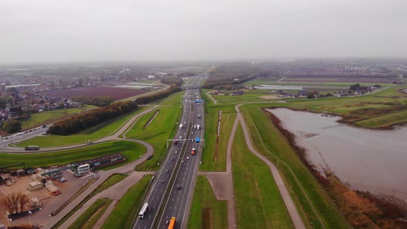 Aerial Over A15 Motorway With Traffic Moving Both Ways In Hendrik-Ido-Ambacht