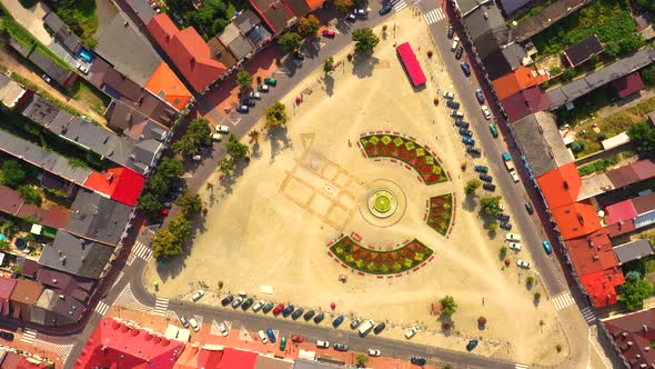 Landscape of the old town from the air with the visible. View on historic buildings on the market. L