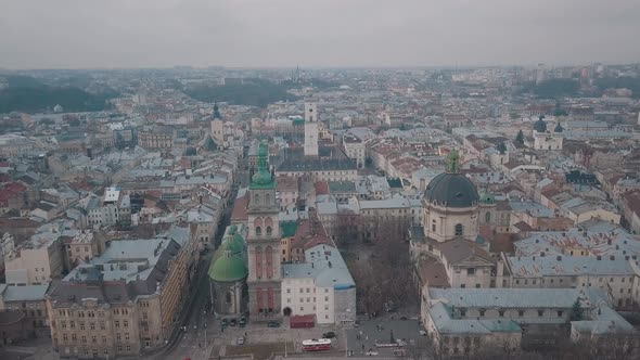 Aerial City Lviv, Ukraine. European City. Popular Areas of the City