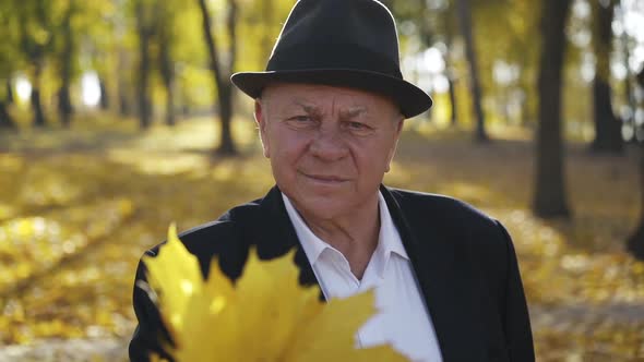 Portrait of Senior Presents Maple Leaves' Bouquet at Camera in Autumn Park