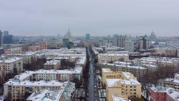 Aerial Shot of City Center of Residential Area in Moscow, Russia. Drone Is Hovering Over the Central