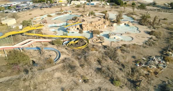 Aerial view of an abandoned water park in the desert, Israel.