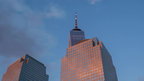 Day to Night Timelapse Sunset Clouds Moving Over One World Trade Center and Brookfield Place in Lowe