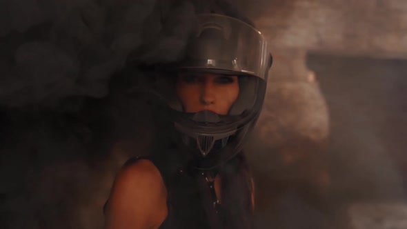 Portrait Female Motorbike Helmet Smoke Bomb