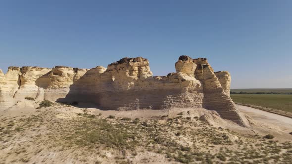 Monument Rocks in Kansas fly by shot.