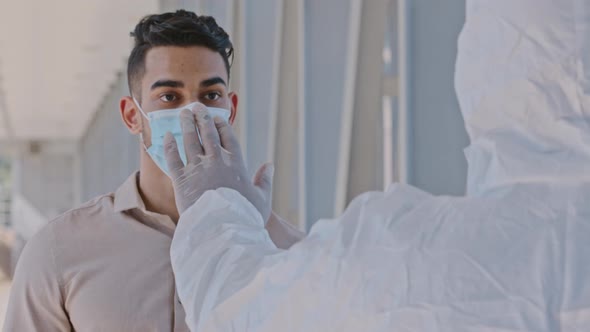 Arab Hispanic Man Guy Businessman Wears Medical Face Mask Walking Indoors in Public Place Security