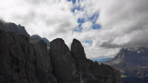 Aerial View of the Paso Gardena Pass in the Province of Bolzano. Dolomites. Flying Near the Sella