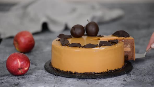 Delicious Caramel Apple Mousse Cake with Mirror Glaze. Autumn cake, French Food