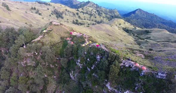 Aerial Drone Shot Flying Towards Campers on Mount Rinjani in Indonesia