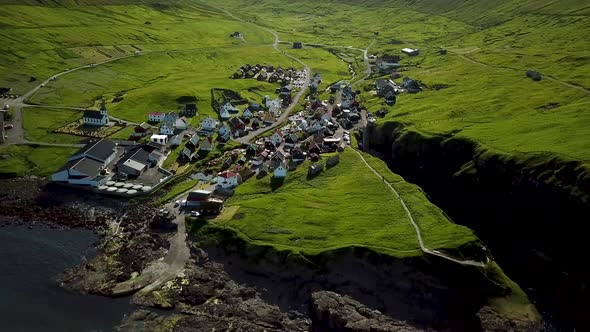 Aerial View of a Canyon in Gjogv Village in Faroe Islands