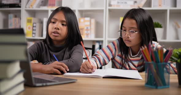 Two girls learning online online at home