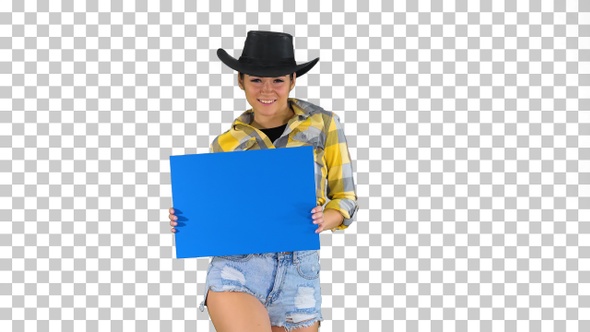 Smiling pretty cowgirl holding empty board, Alpha Channel