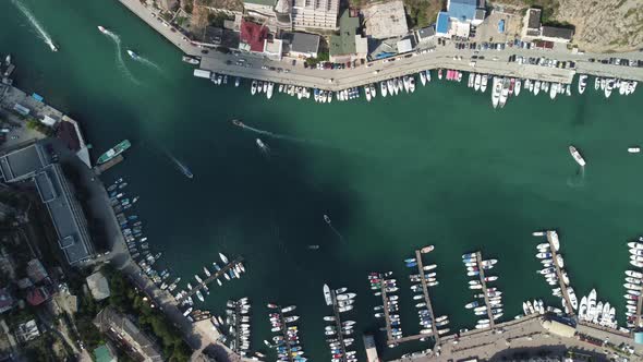 Aerial Panoramic View of Balaklava Landscape with Boats and Sea in Marina Bay