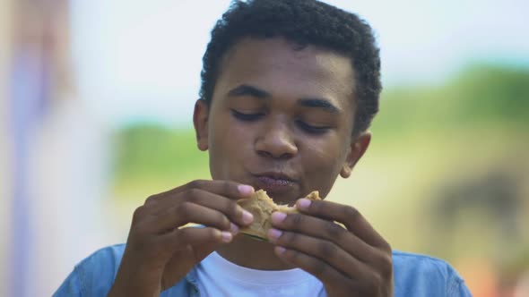 Mixed-Race Teenager Eating Sandwich With Great Appetite, Fast-Food, Close-Up