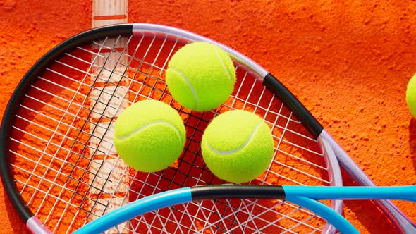 Animation of tennis rackets and ball on the orange tennis court. Render 4K HD