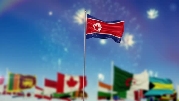 north korea Flag With World Globe Flags And Fireworks