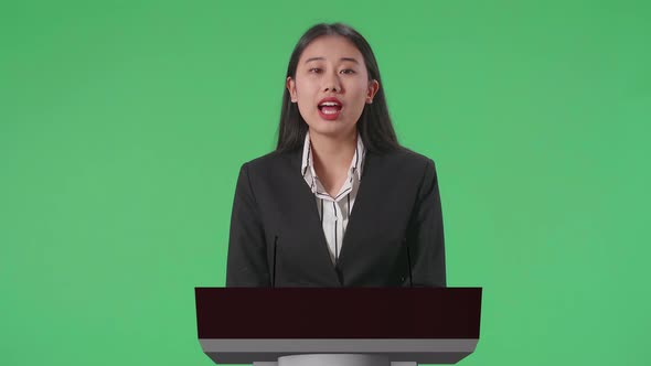 Woman Of Organization Representative Speaking At A Press Conference In Government With Green Screen