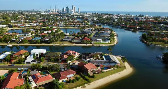Panoramic view from above of coastal city of Surfers' Paradise.