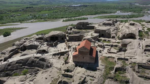 Uplistsikhe is an ancient cave city. Aerial view