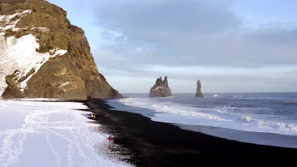 Reynisdrangar Columns and the Black Sand Beach in Iceland