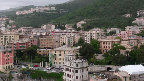 Beautiful apartment buildings of Genoa city, aerial cinematic view