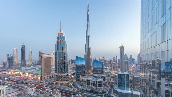 Dubai Downtown Skyline Day to Night Timelapse with Tallest Building and Sheikh Zayed Road Traffic