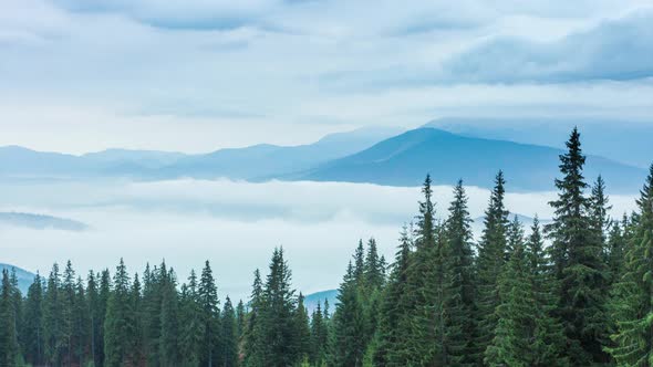 White Clouds Move Slowly Along Autumn Mountain Forest at Hill During Rain