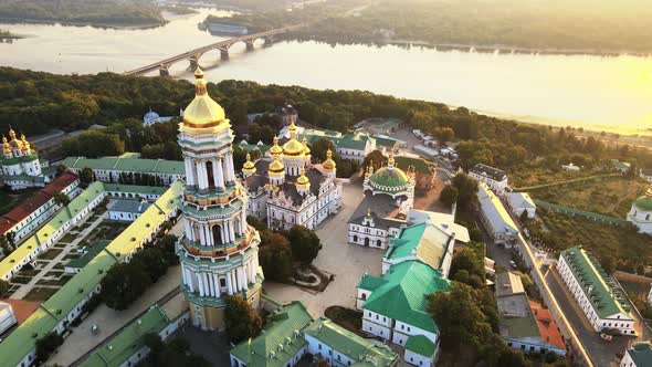 Kyiv, Ukraine: Aerial View of Kyiv-Pechersk Lavra in the Morning at Sunrise.