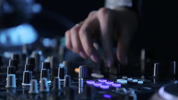 Hands of Woman Dj Play Music on Mixing Console, Party